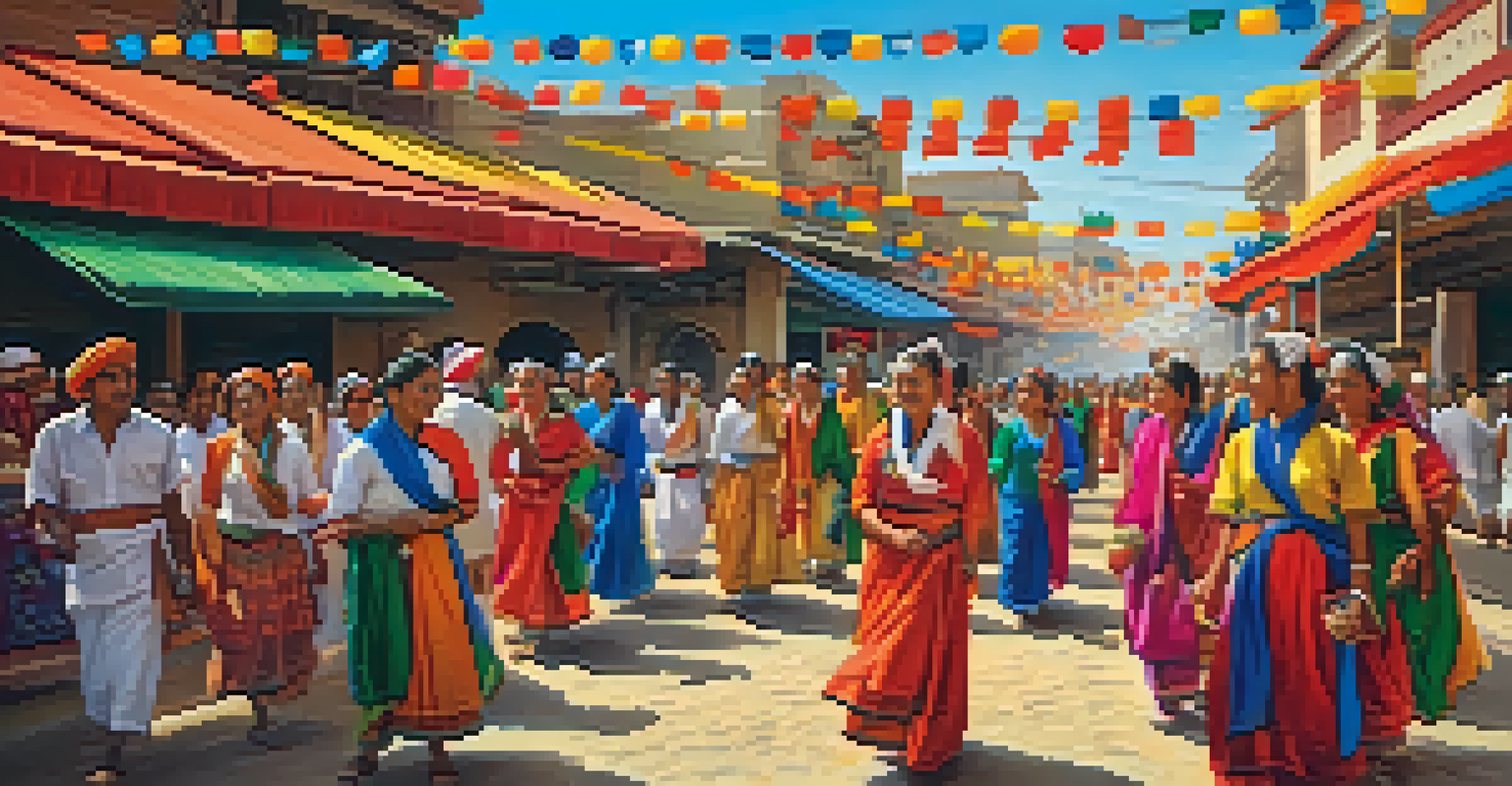 A lively street scene during a cultural festival, featuring colorful decorations and people in traditional attire.