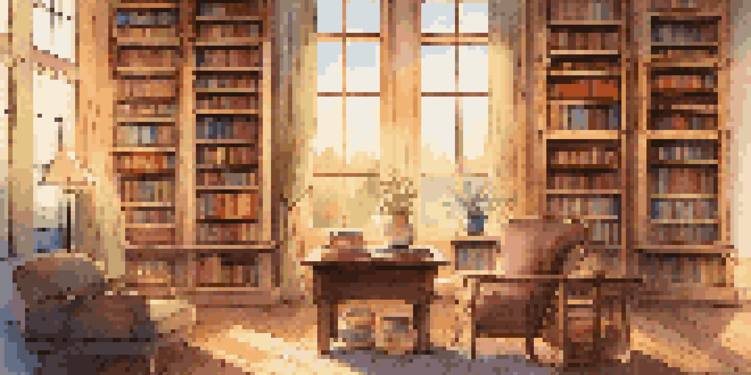 A cozy library featuring wooden shelves filled with books, warm light from windows, a reading chair, and a table with an open book and a cup of tea.