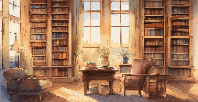 A cozy library featuring wooden shelves filled with books, warm light from windows, a reading chair, and a table with an open book and a cup of tea.