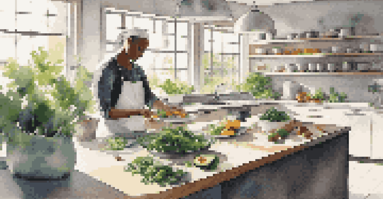 A modern kitchen scene with a chef preparing a healthy plant-based meal, surrounded by fresh ingredients and illuminated by natural light.