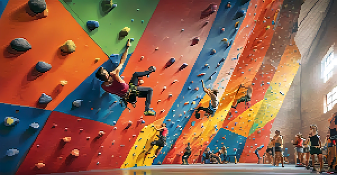 A lively indoor climbing competition with climbers on brightly colored walls, surrounded by cheering spectators.