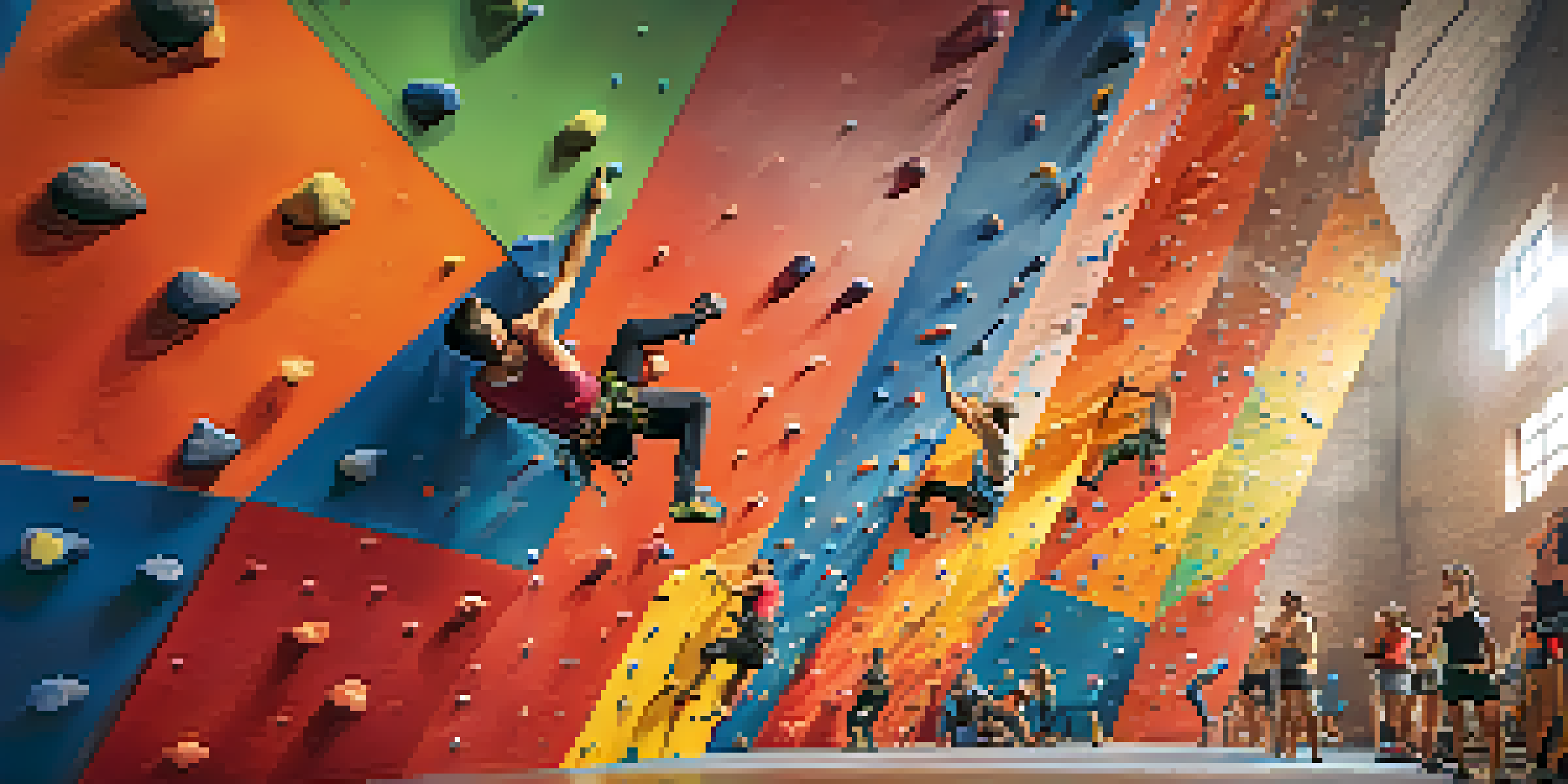 A lively indoor climbing competition with climbers on brightly colored walls, surrounded by cheering spectators.