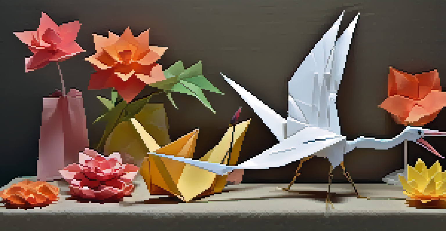 An arrangement of colorful origami models including a dragon, crane, and flower on textured fabric.