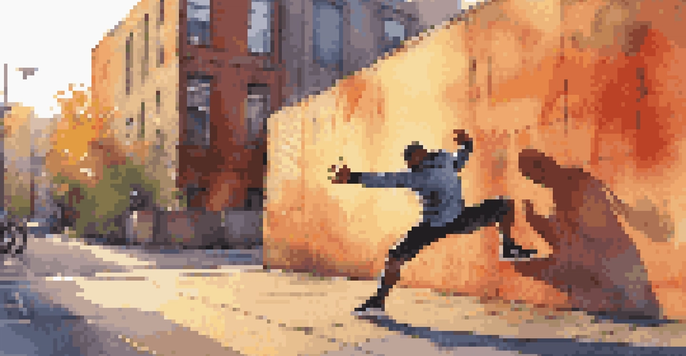 A parkour athlete stretching against a graffiti wall during sunset, showcasing dynamic movements and urban scenery.
