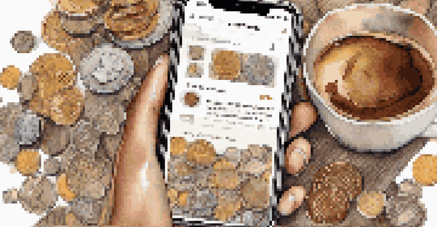 A smartphone screen showing social media posts about coin collecting, with a cozy background.