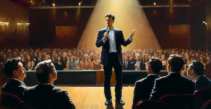 A mentalist in a stylish suit performing on stage with a captivated audience, illuminated by a spotlight.