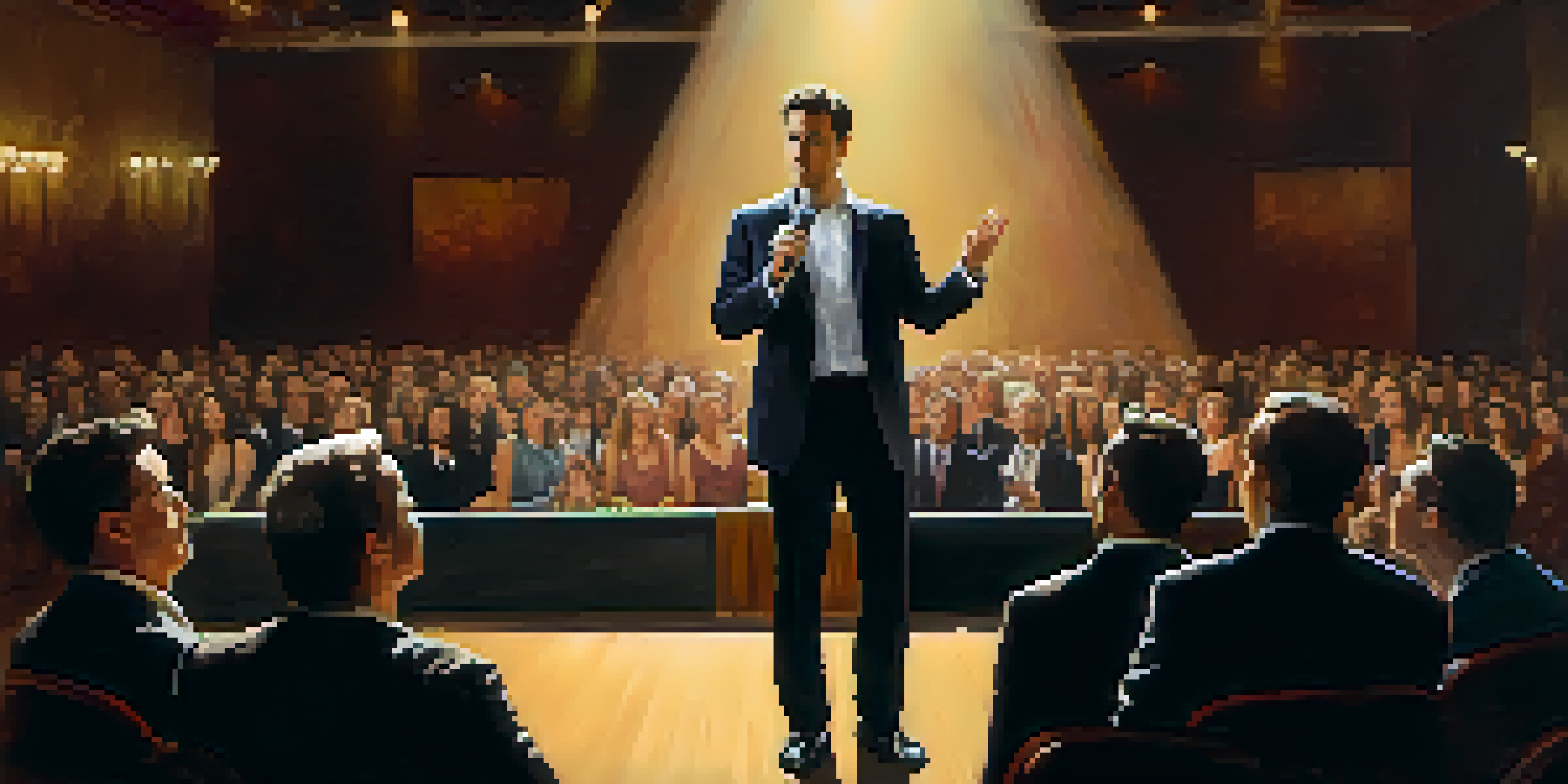 A mentalist in a stylish suit performing on stage with a captivated audience, illuminated by a spotlight.