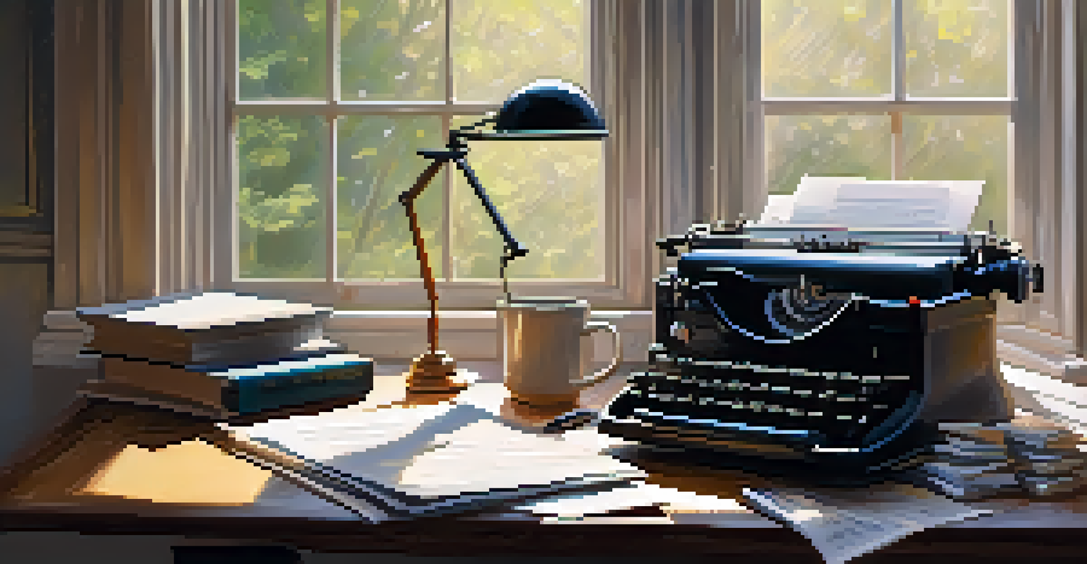 A close-up of a playwright's desk with scripts, a typewriter, and a coffee cup, bathed in natural light from a window.