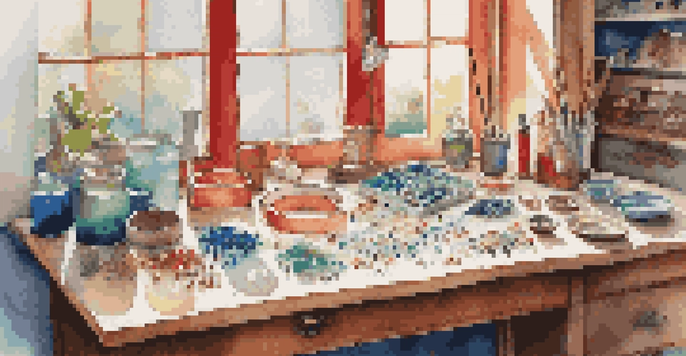 An organized jewelry-making workspace with colorful beads, wires, and tools on a wooden table, illuminated by soft natural light.