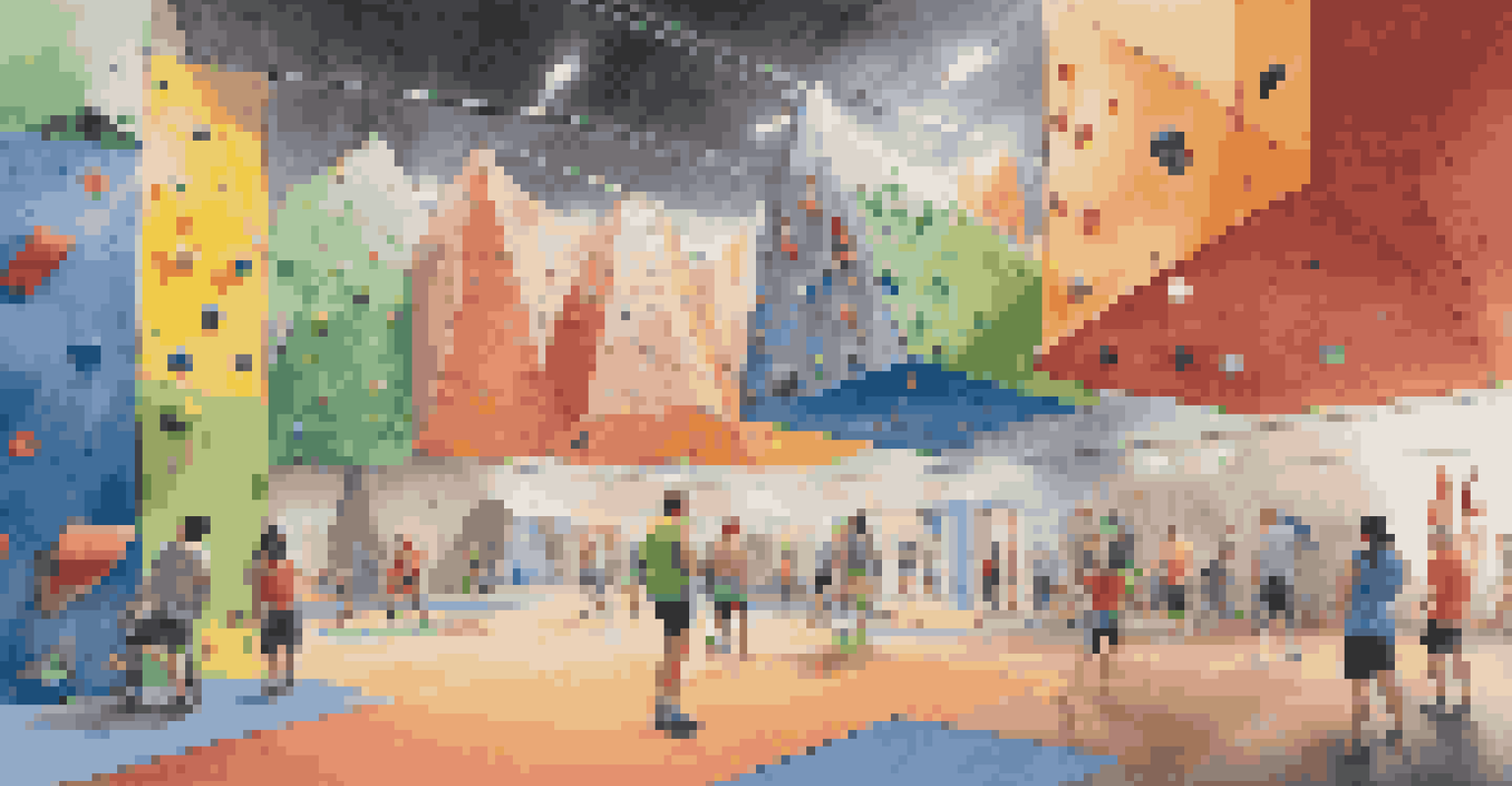 An indoor climbing gym with climbers navigating colorful climbing walls and holds.