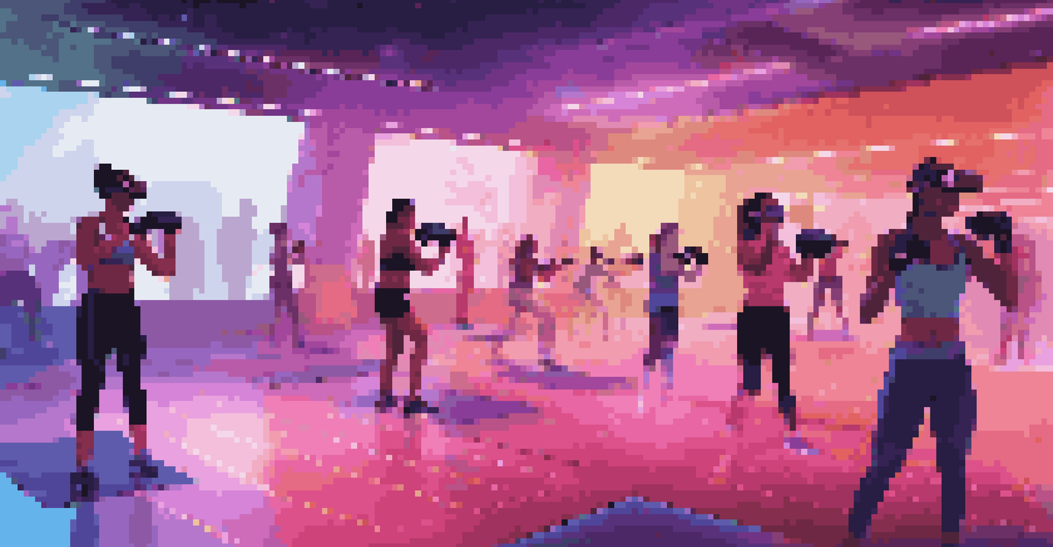 A futuristic gym with participants engaged in a VR boxing workout, illuminated by colorful LED lights and immersive screens.