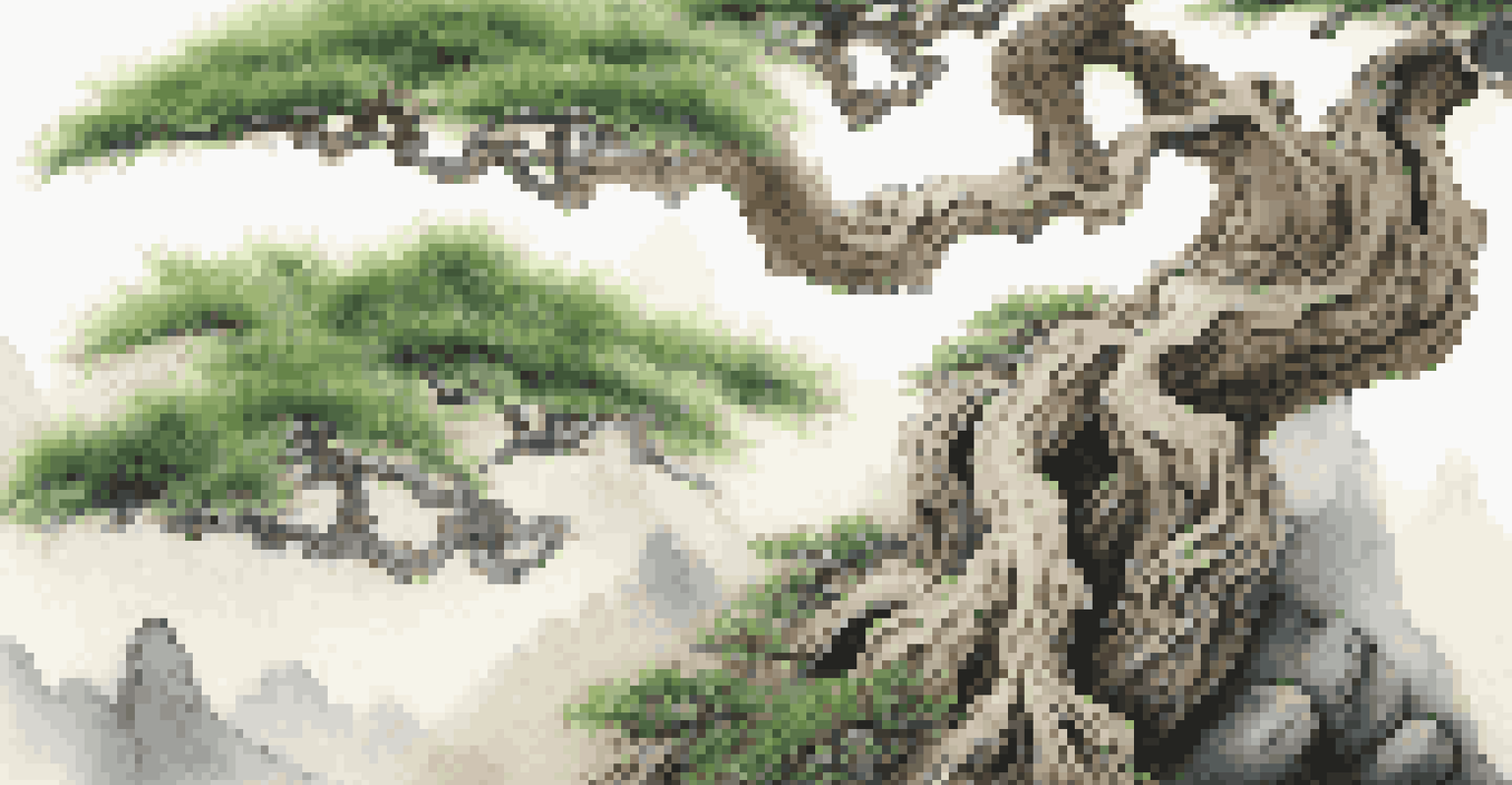 Close-up of a Chinese penjing bonsai tree with twisted branches and green leaves against a soft mountain background.