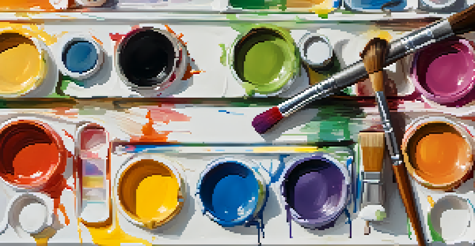 A vibrant artist's palette with mixed paints surrounded by brushes and tubes of paint on a white canvas.
