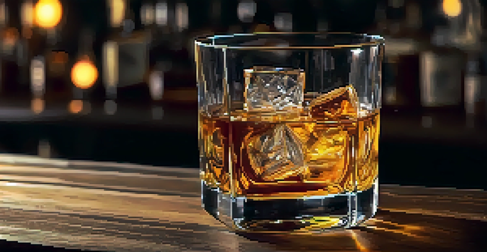 A whiskey glass filled with amber liquid on a wooden bar top, showing condensation and ice cubes.