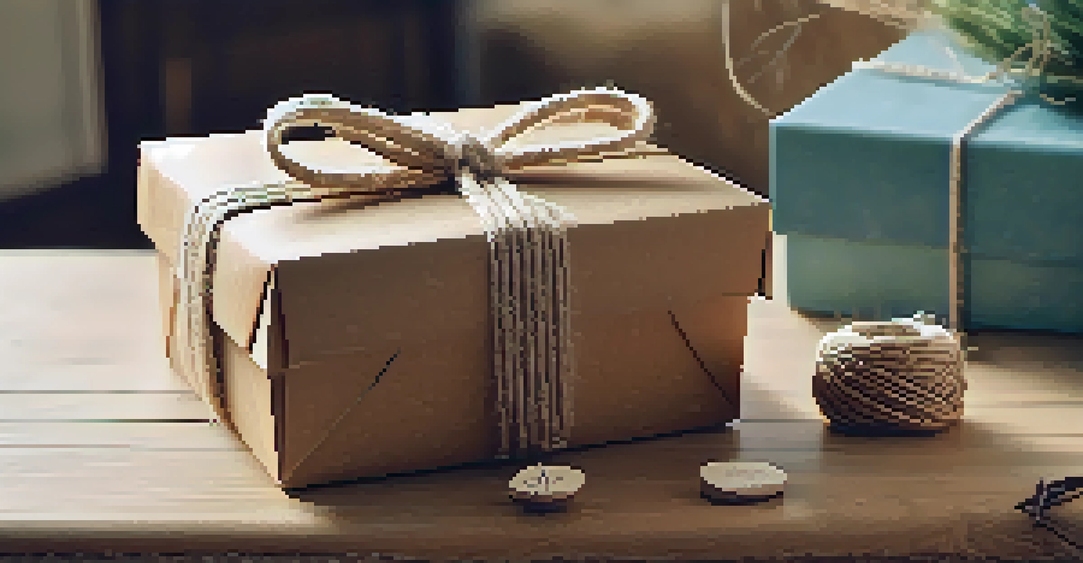 A gift box wrapped in kraft paper and twine, with a handwritten note beside it, set in a cozy living room background.