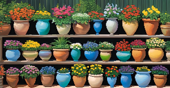 Colorful painted pots filled with flowers arranged in a tiered planter in a garden.