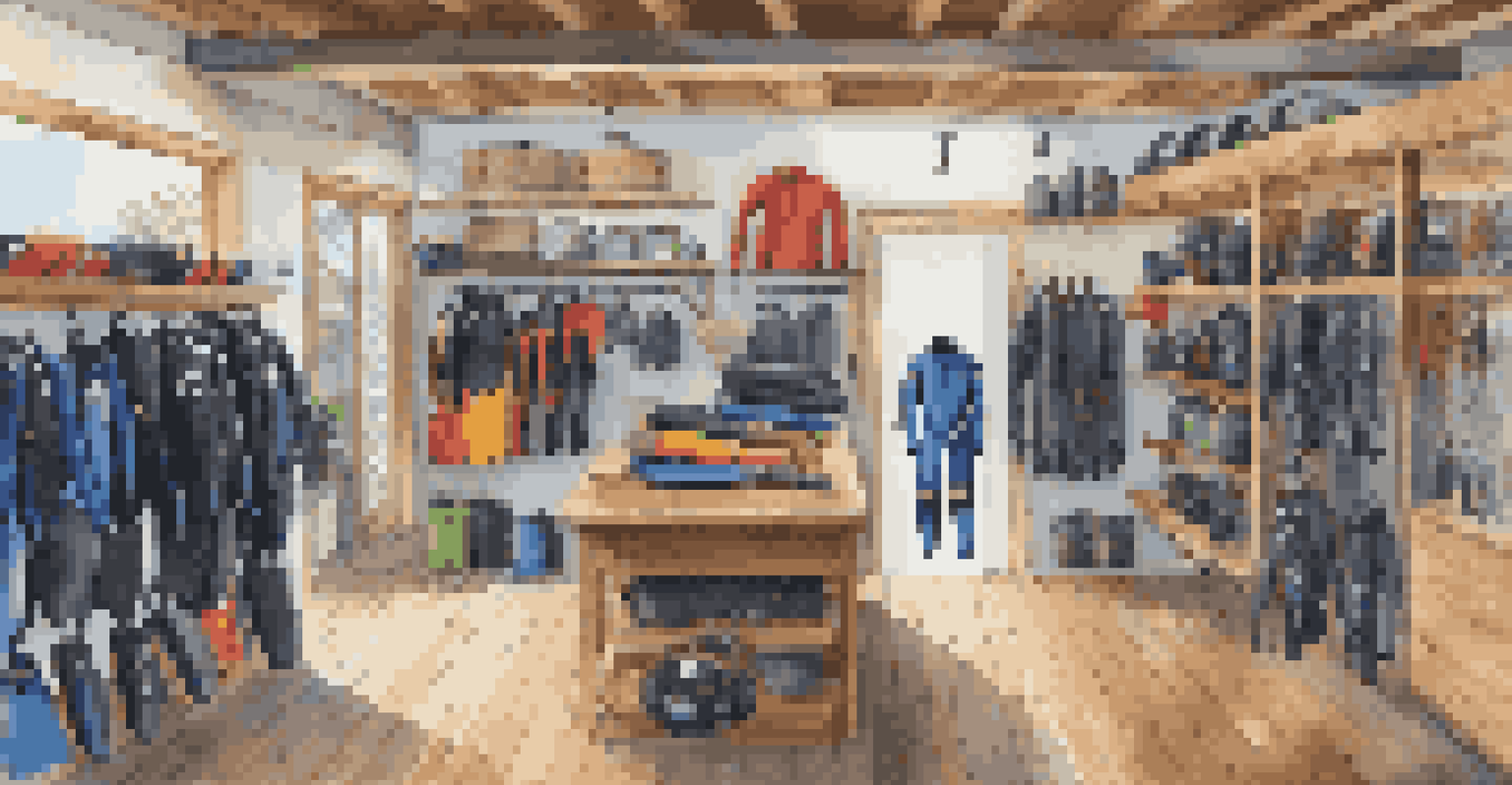 Interior of a scuba rental shop with neatly arranged diving gear and warm lighting.