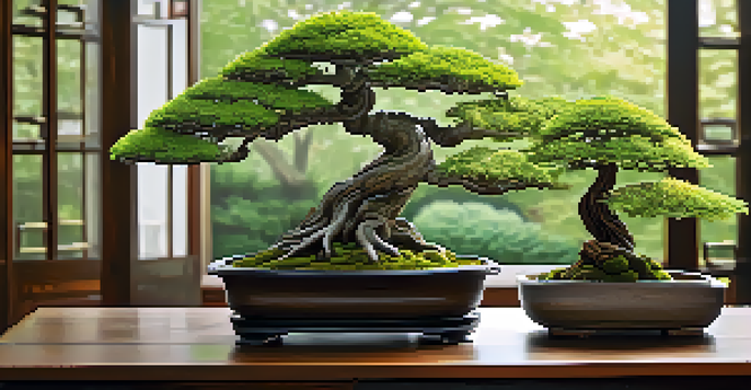 A peaceful bonsai garden showcasing different native bonsai trees on a wooden table, illuminated by soft natural light.