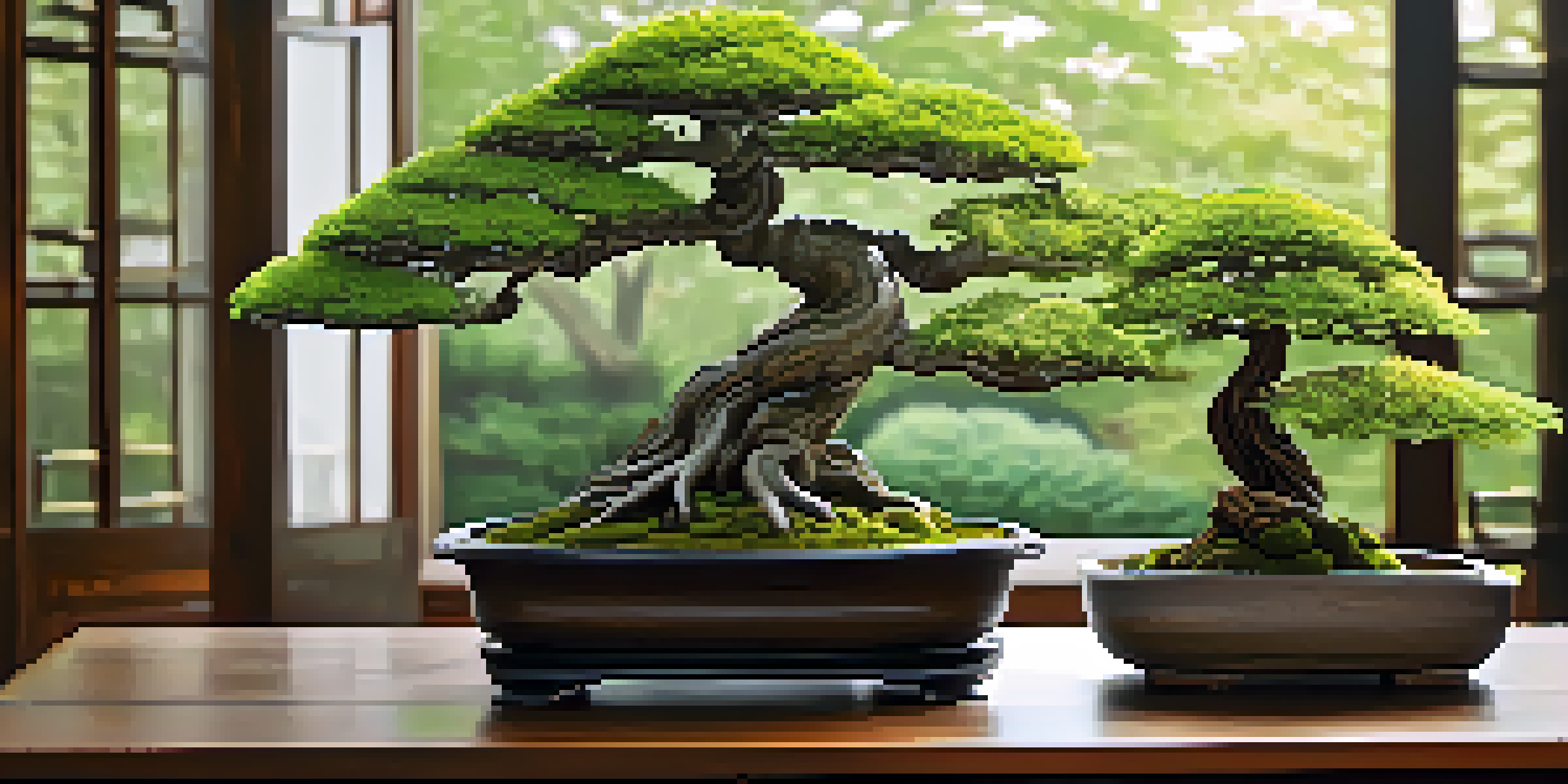 A peaceful bonsai garden showcasing different native bonsai trees on a wooden table, illuminated by soft natural light.