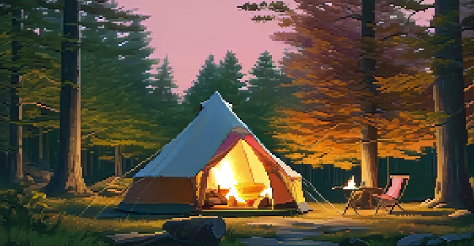 A peaceful campsite in a green forest with a warm lit tent and a small campfire.