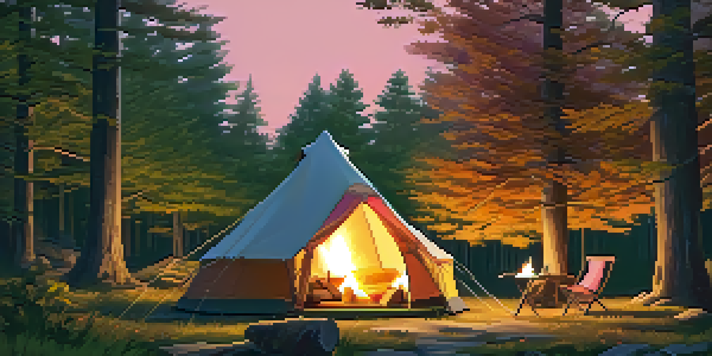 A peaceful campsite in a green forest with a warm lit tent and a small campfire.