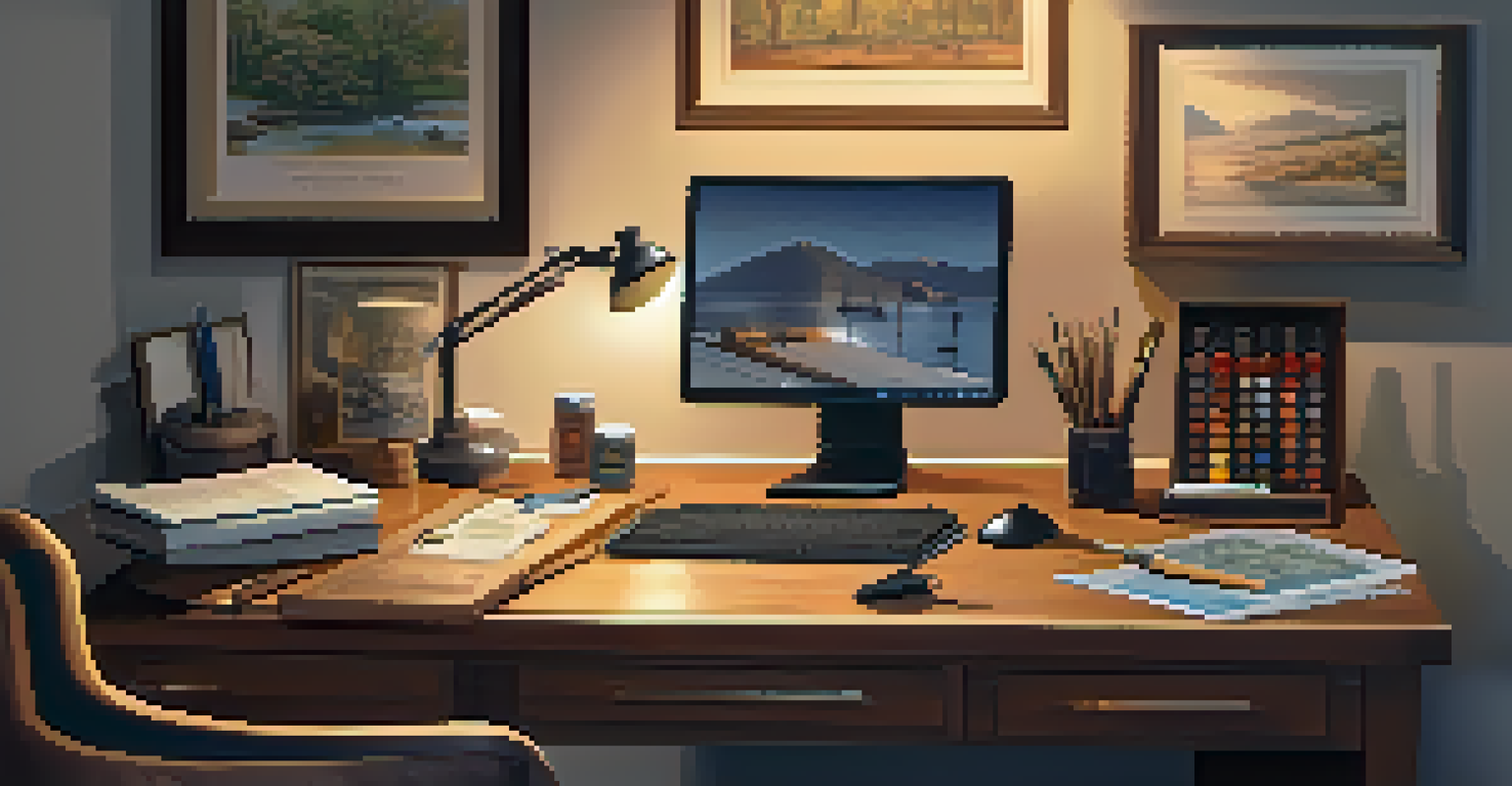 A stamp collector's workspace with essential tools like a magnifying glass and tweezers next to an open stamp album, illuminated by a warm desk lamp.