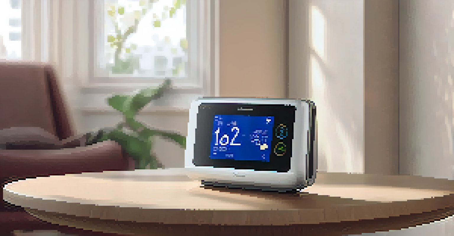 A close-up view of a smart thermostat on a wall, showing a cozy temperature setting in a stylishly decorated room.
