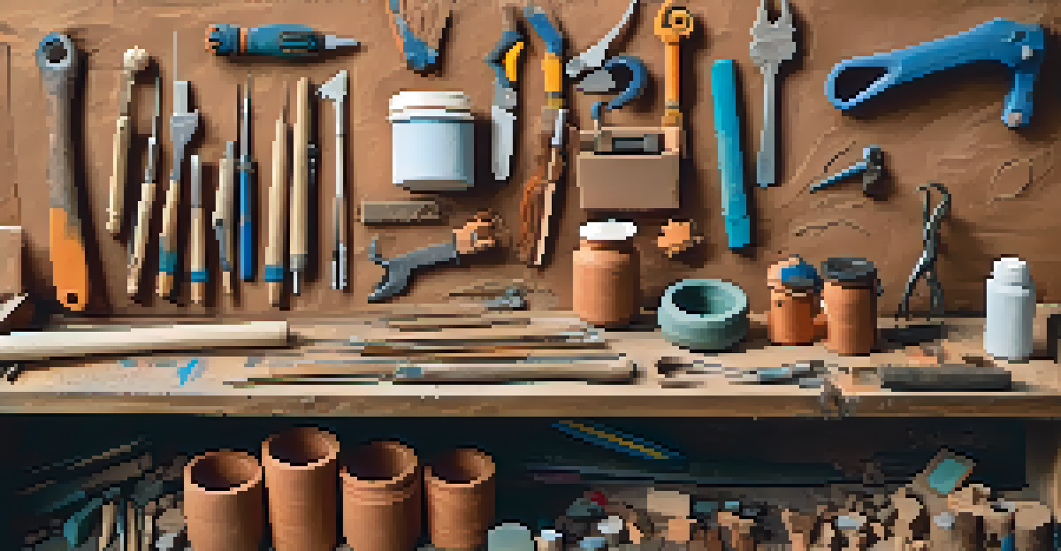 Overhead view of a cluttered workbench with clay tools and colorful clay blocks under sunlight.