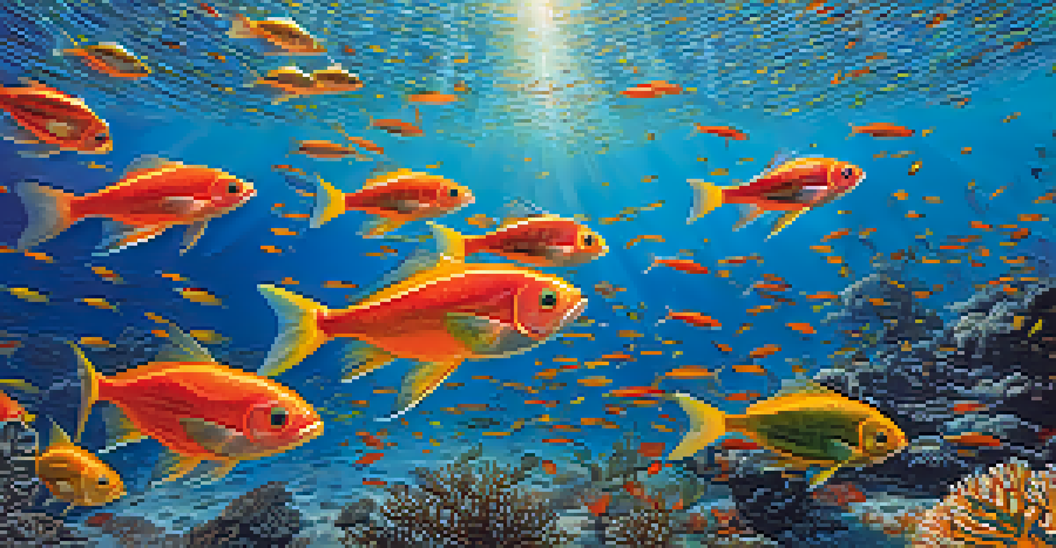 Close-up of a school of colorful fish swimming in clear water, with a diver faintly visible in the background.
