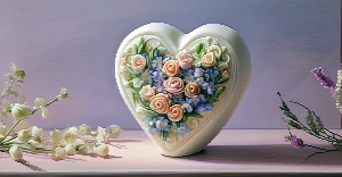 A heart-shaped soap sculpture adorned with small flowers in pastel colors, illuminated by warm lighting, highlighting its intricate details.