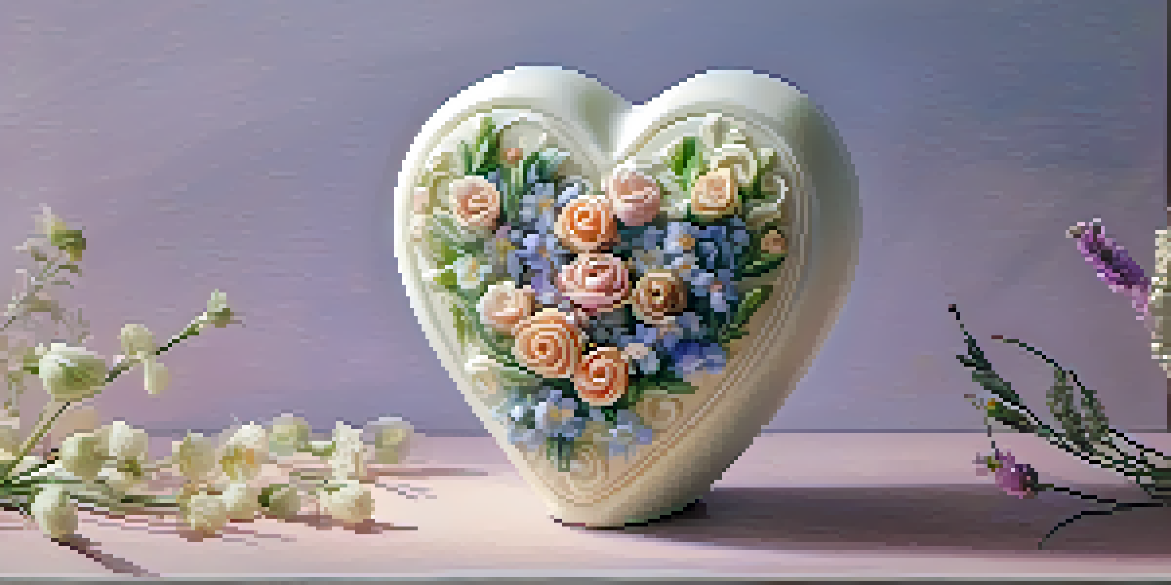 A heart-shaped soap sculpture adorned with small flowers in pastel colors, illuminated by warm lighting, highlighting its intricate details.