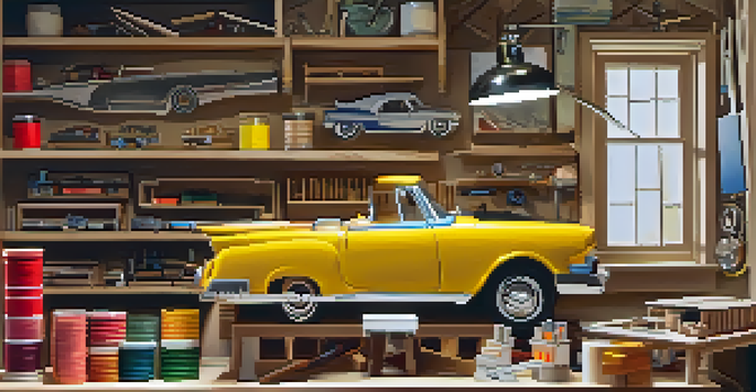 A well-organized workspace for scale model building, showing a vintage car model, tools, and reference images, with bright natural light.