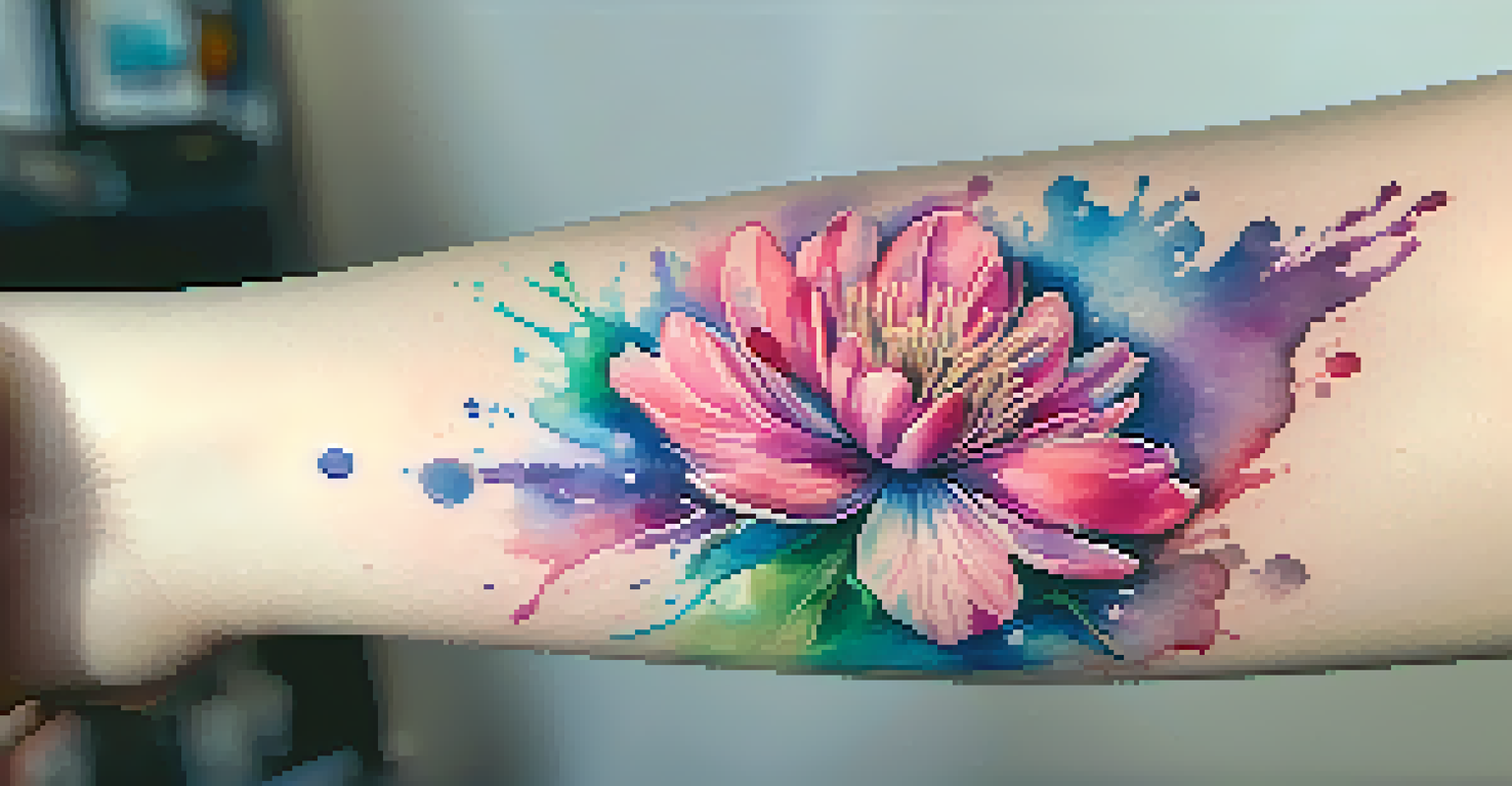 A colorful watercolor tattoo of a blooming flower on a forearm, displaying a blend of vibrant colors and artistic style.