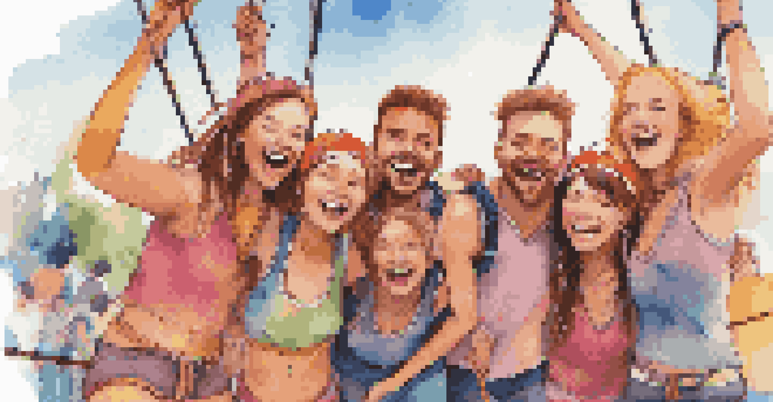 A group of friends celebrating after a bungee jump at a festival, showing joy and excitement with the jump platform and festival activities in the background.