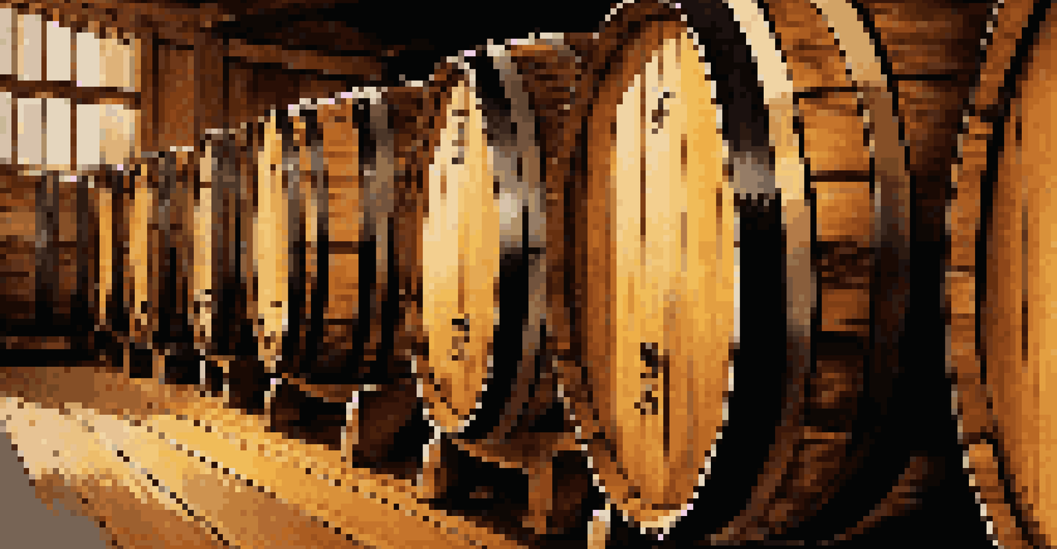 Close-up of aging spirits inside oak barrels, showcasing rich golden liquid and wooden textures.