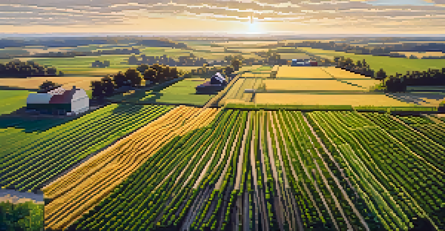 An aerial view of a farm with alternating strips of cover crops and main crops under bright sunlight.