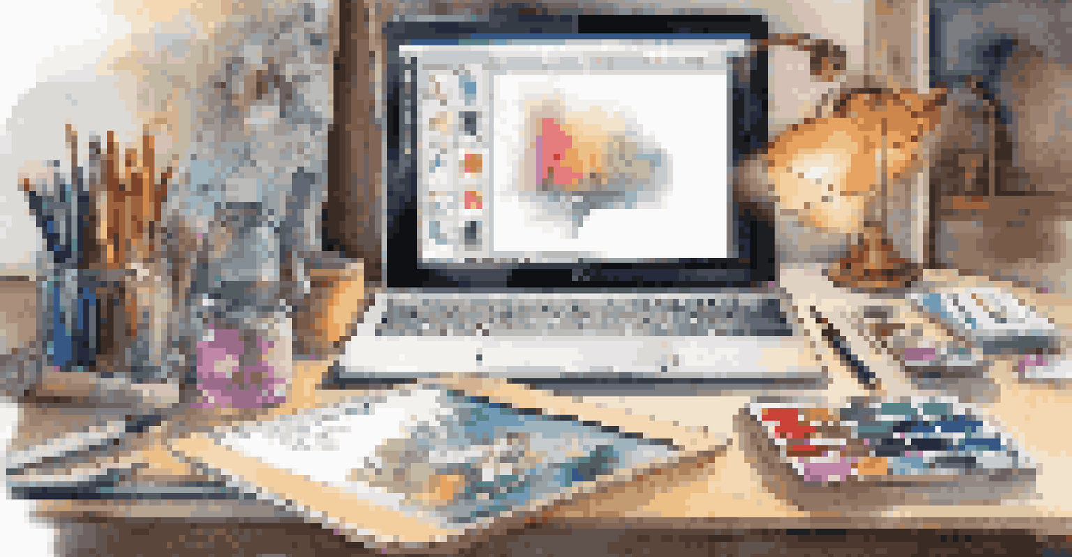 An artist's workspace with a digital tablet displaying a design project, surrounded by art supplies and illuminated by a lamp.