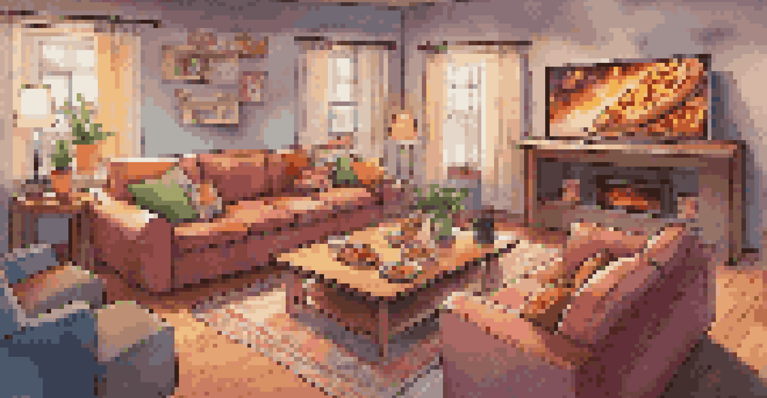 A cozy living room with a gaming setup, showcasing a big screen, comfortable seating, and snacks laid out for a fun gaming night.