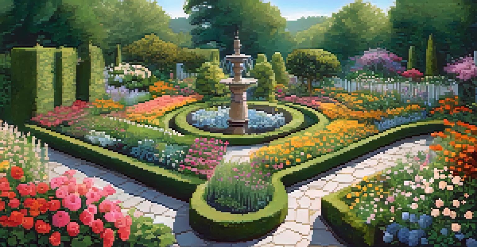 An aerial view of a flower garden layout with varying heights of flowers and a stone pathway under a clear blue sky.