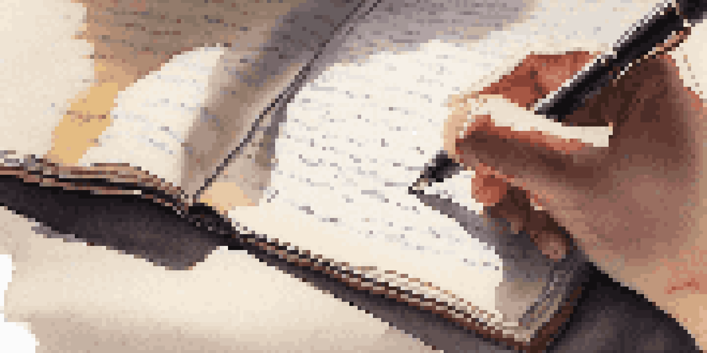 A close-up view of a hand holding a pen above a notebook filled with notes, with a blurred bookshelf in the background.
