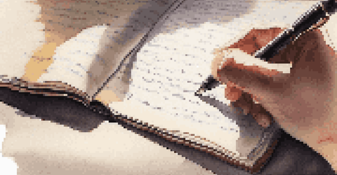 A close-up view of a hand holding a pen above a notebook filled with notes, with a blurred bookshelf in the background.