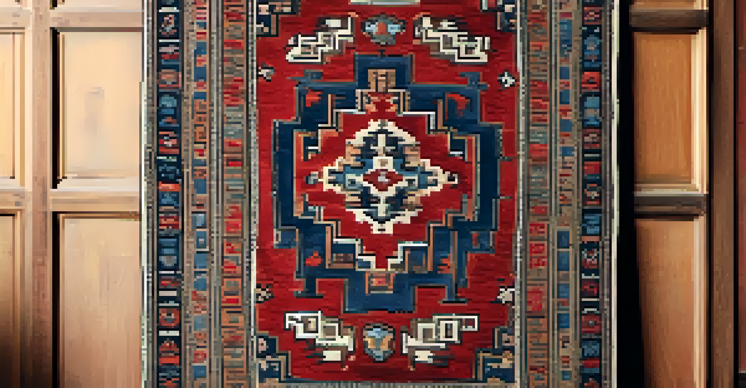A close-up of a traditional hand-knotted rug, showcasing intricate motifs and rich colors, highlighting its texture and craftsmanship.