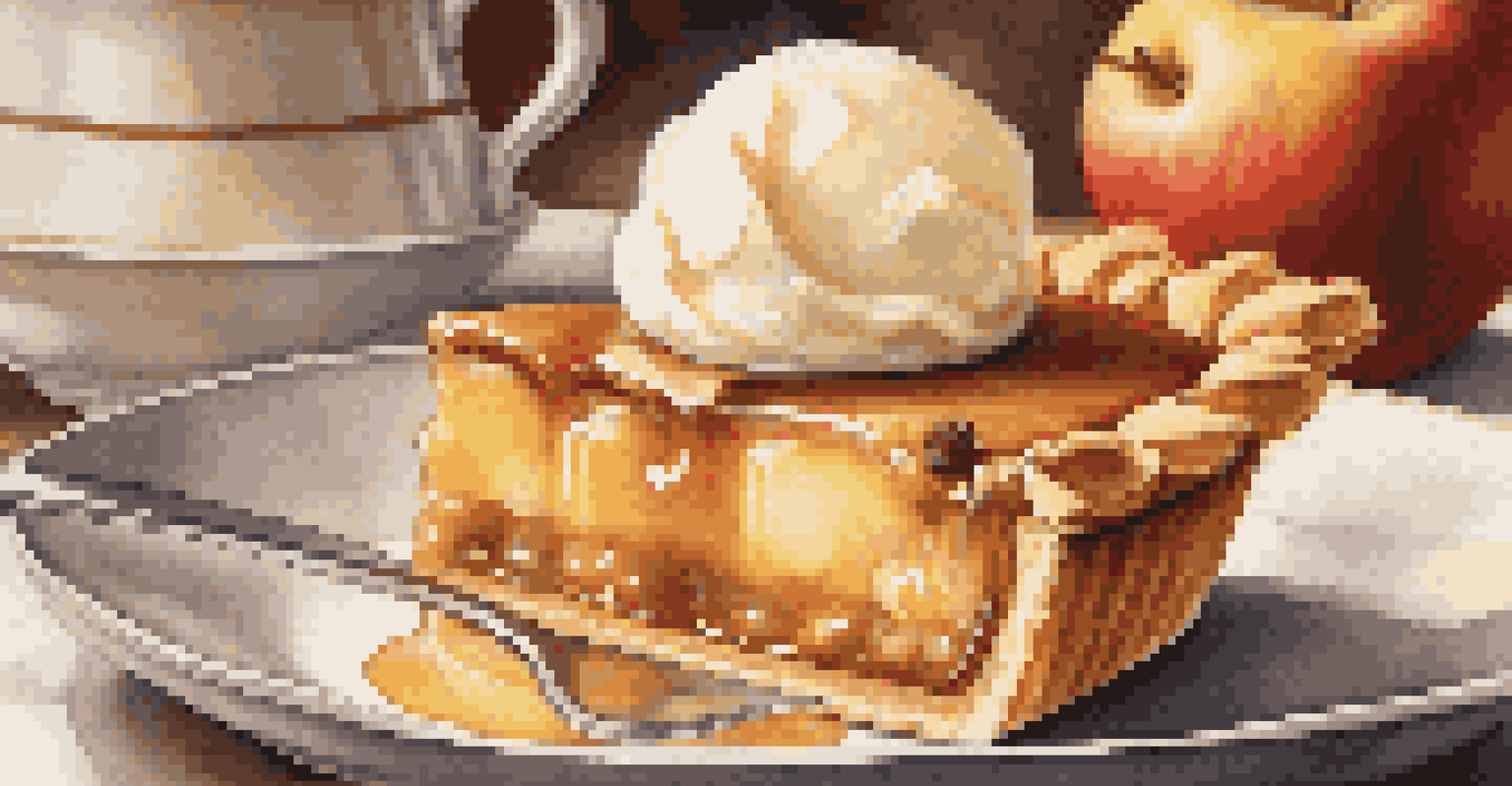 A slice of spiced apple pie with vanilla ice cream on a plate, with a cozy kitchen background.