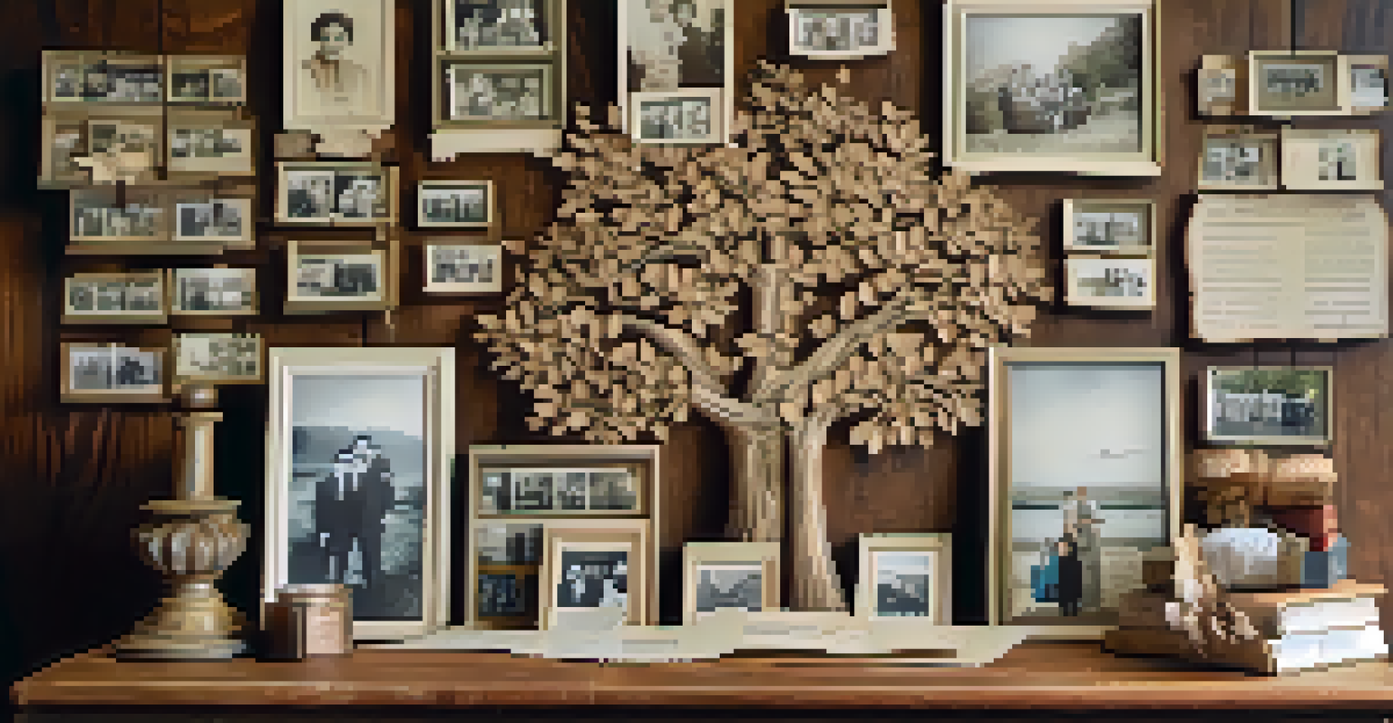 A family tree displayed on a wooden table, surrounded by old photographs and letters, capturing the essence of documenting family history.