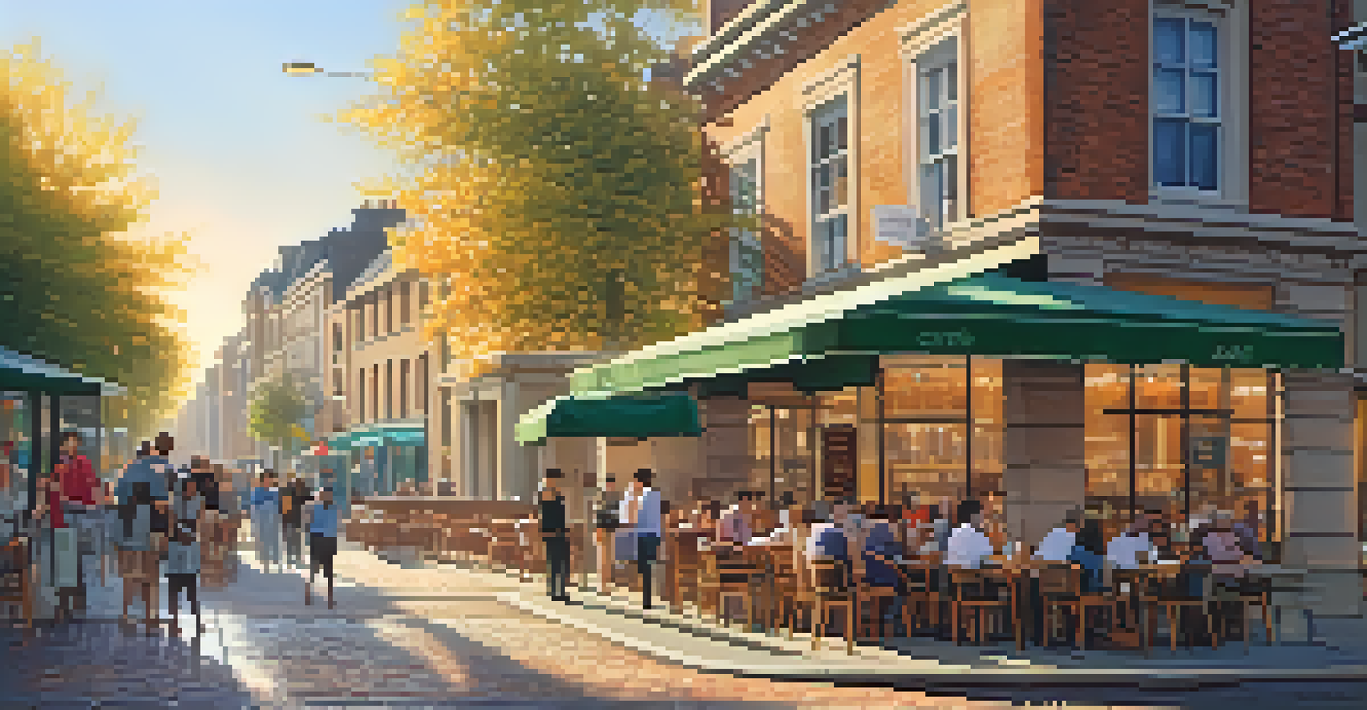 A lively café on a cobblestone street during golden hour with people enjoying their time.