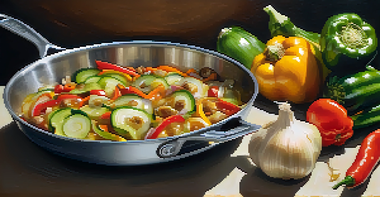Close-up of a sauté pan with garlic and onions sizzling, surrounded by fresh vegetables, emphasizing the cooking technique.