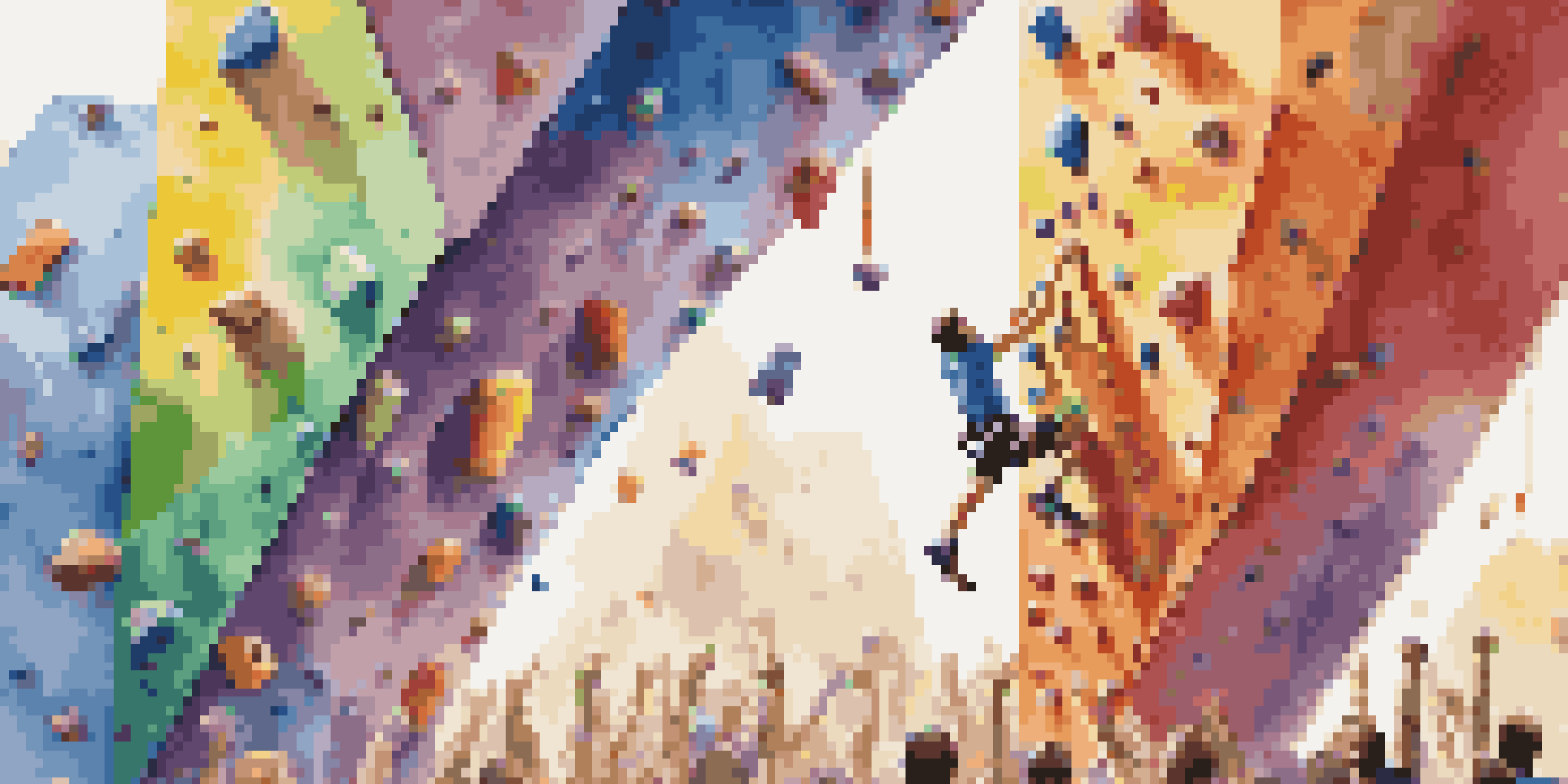 A climber ascending a brightly colored indoor climbing wall, with enthusiastic spectators in the background.