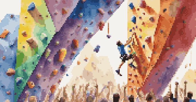 A climber ascending a brightly colored indoor climbing wall, with enthusiastic spectators in the background.