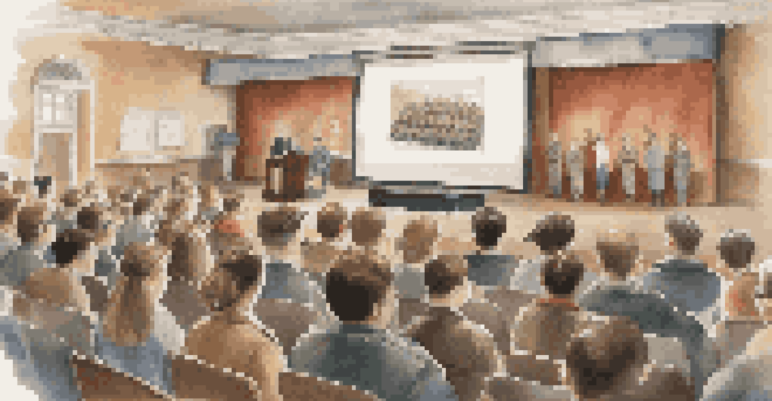 A speaker presenting in an auditorium about World War II, with an attentive audience and historical posters on the walls.