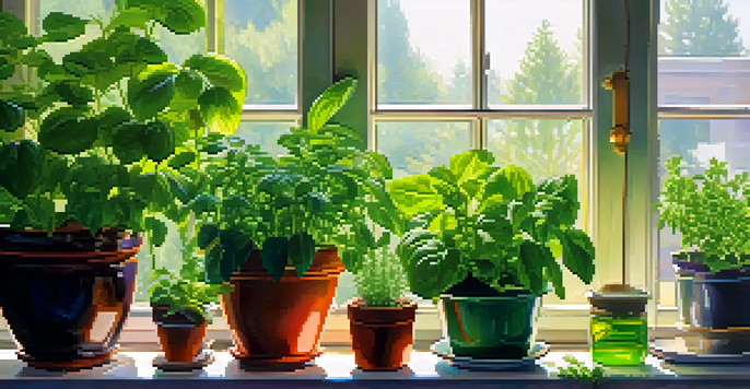 A vibrant herb garden with basil, mint, and rosemary in colorful pots on a sunny windowsill, illuminated by sunlight.